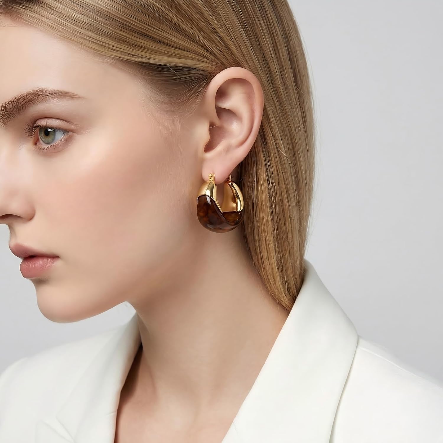 Amber Resin Hoop Earrings for Women 14k Gold Plated - Hypoallergenic Chunky Gold Hoops, Acrylic Tortoise Shell Teardrop Earrings, Lightweight Vintage Jewelry - Image 5