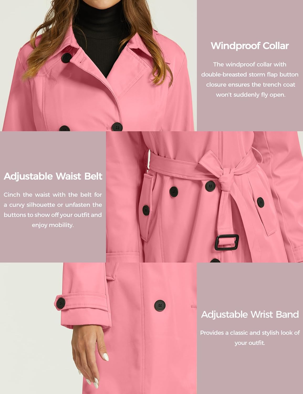 wantdo Women's Waterproof Trench Coat Classic Lapel Outerwear Coat with Belt - Image 5