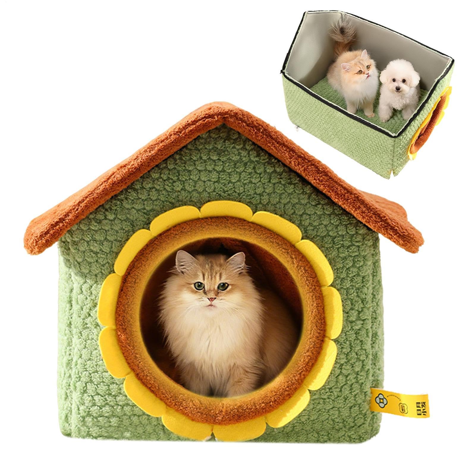 Casa para Gatos de Interior Refugio Extraíble Y Lavable | Camas Para Gatos Con Puerta De Girasol Para Mascotas Pequeñas De Interior Cachorros Y Para Rincón Invierno Y Navidad
