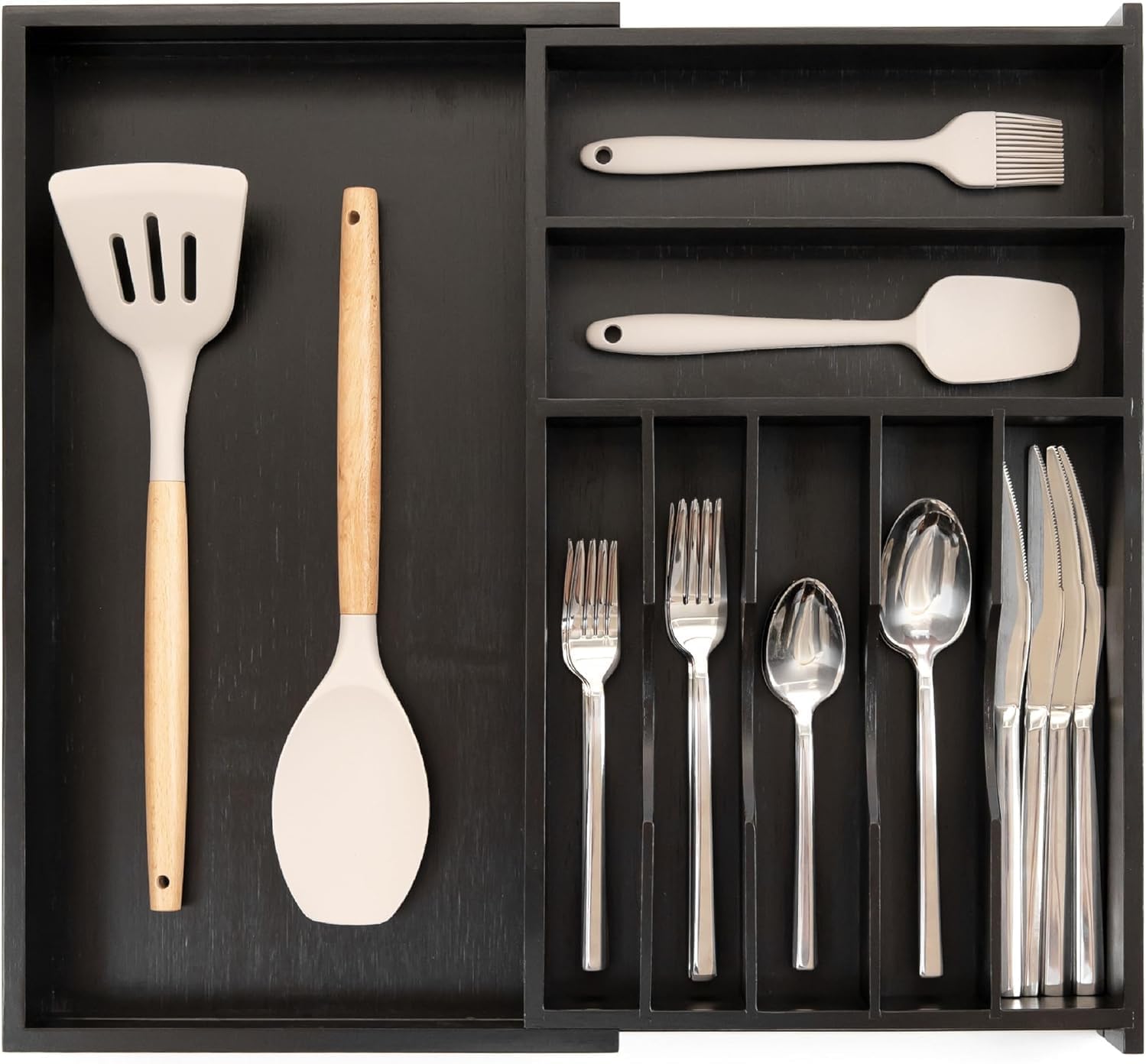 KitchenEdge Premium Silverware, Flatware and Utensil Organizer for Narrow Kitchen Drawers, Expandable 10.5 to 19 Inches, 9 Storage Compartments, Food-Safe Black Finish 100% Bamboo Wood