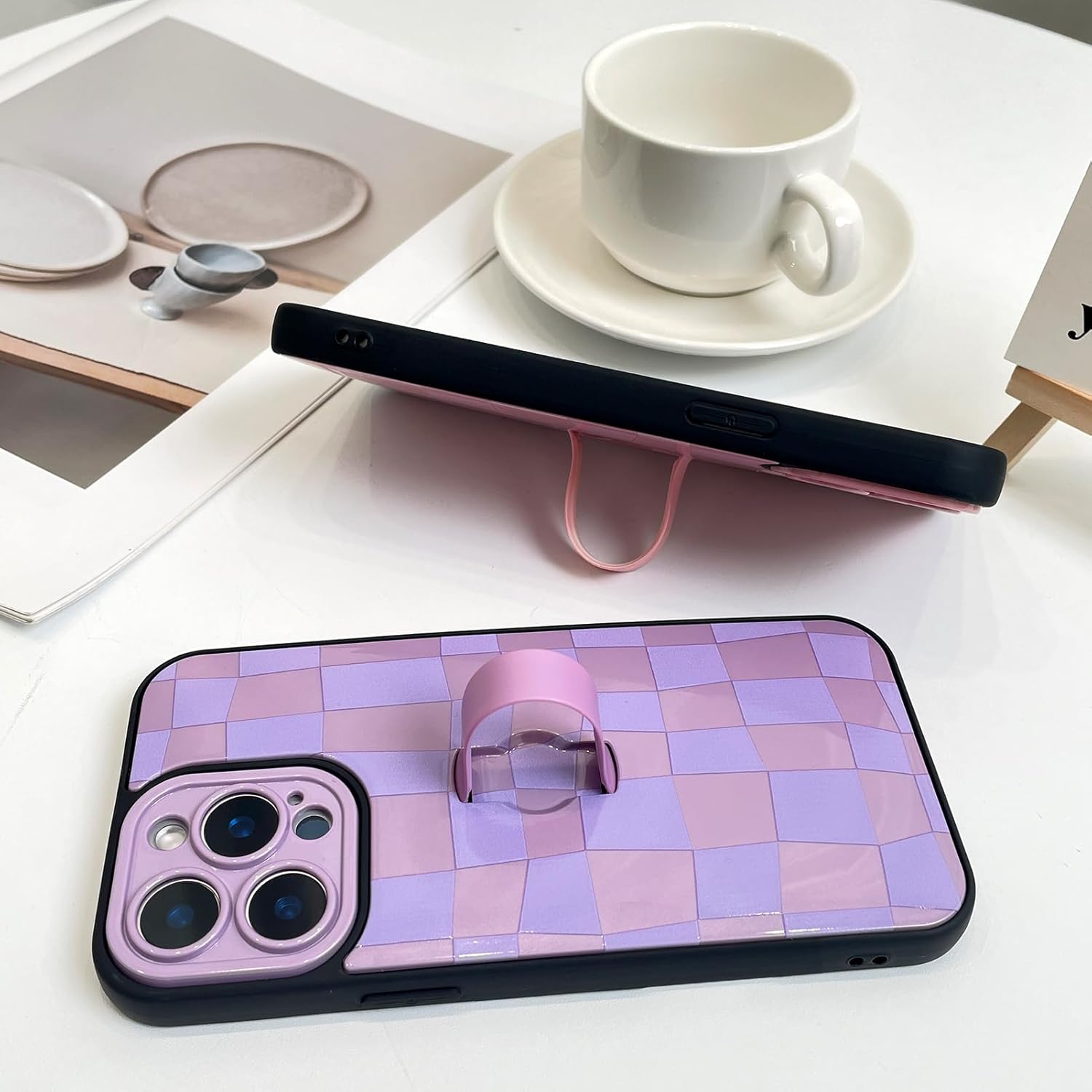 SOKAD for iPhone 14 Pro Max Case with Finger Strap Kickstand, Cute Checkered Checkerboard Phone Case with Finger Hand for Women Men, Slim Full Camera Protection Shockproof Case Cover, Purple - Image 5