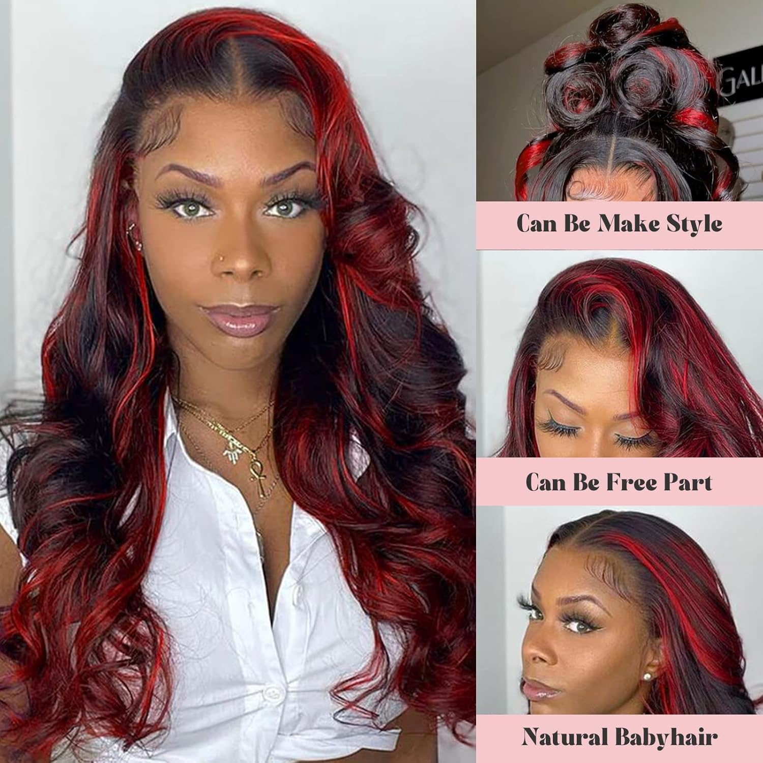 1B/Burgundy 30 Inch Ombre Lace Front Wig Human Hair Pre Plucked, Body Wave HD Lace Frontal Wig 13x6 Full Wigs for Black Women, Red Highlight Skunk Stripe 100% Real Brazilian Hair Wigs 180 Density