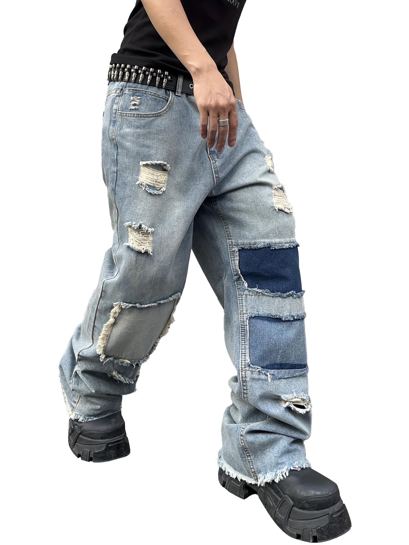 DFGIGTMens Womens Lightweight Ripped Baggy Jeans Summer Spring Frayed Hem Destroyed Hip Hop Skater Jeans