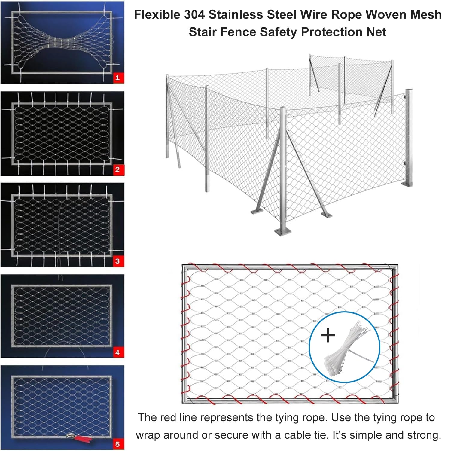 Flexibles Edelstahl-Drahtgeflecht für Garten, Balkon, Sicherheitsnetz, 0,8 x 5 m, Outdoor-Spalier, Zaunschutz für Treppen, Land und Haustiere