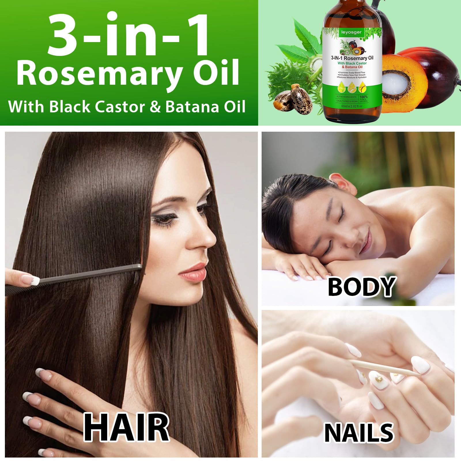 Olio Di Rosmarino 3 in 1, Olio Di Ricino Nero, Batana, Per La Crescita Dei Capelli, Stimola La Crescita Di Nuovi Capelli, Volume E Lucentezza, Nutrono Il Cuoio Capelluto, 100% Puro Naturale