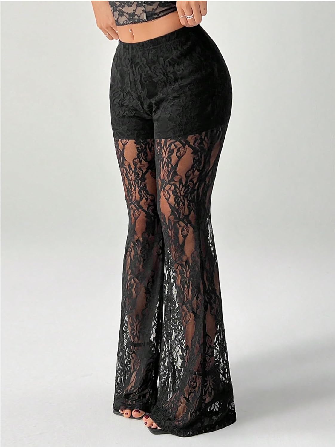 Verdusa Women's Plus Size Floral Lace Flare Pants Goth Sheer High Waist Rave Trousers - Image 5