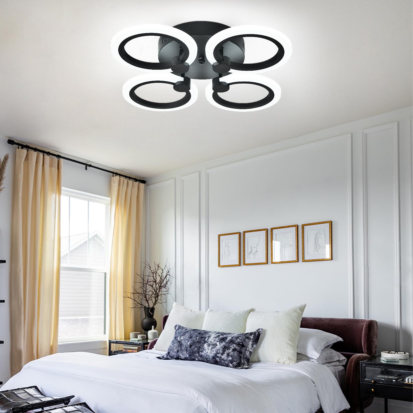 Hudi Fyier Modern LED Ceiling Light, 4 Rings Flush Mount Fixture, Black Close to Ceiling Lamp, 6500K for Bedroom Dining Room - Image 3