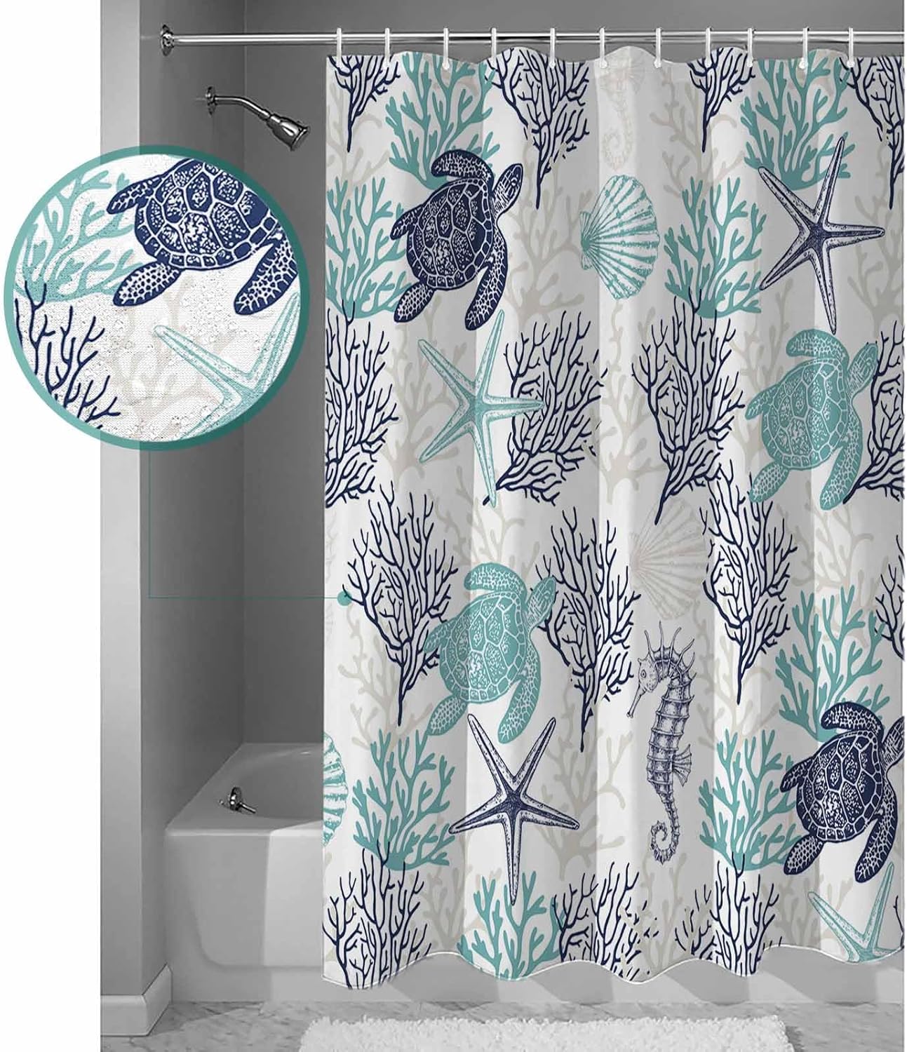 Shower Curtain, Summer Turtle Coral Teal Sea Seahorse Waterproof Shower Curtain Set with Hooks for Bathroom Showers,Stalls and Bathtubs,72x72In Ocean Starfish