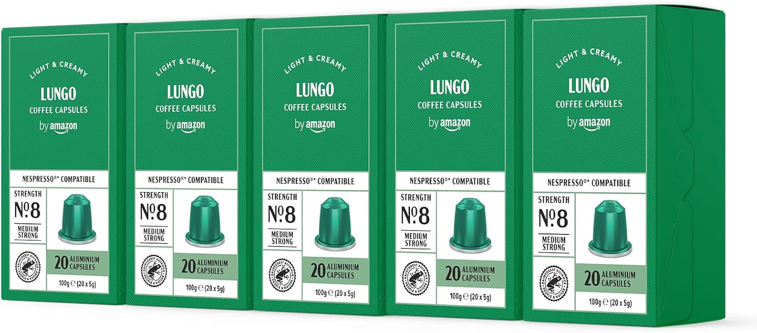 by Amazon Cápsulas de café Lungo compatibles con Nespresso, 100 cápsulas de aluminio (5 packs de 20) - Certificado por Rainforest Alliance