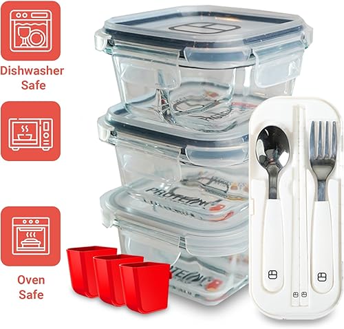 Miniatura 9 de Contenedores de control de porciones para comidas bariátricas, recipientes de vidrio de 8 onzas con dos compartimentos y tapas de 4 onzas (paquete