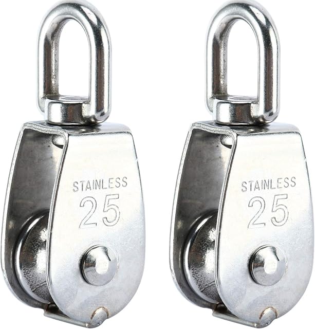 DasMarine 2 Pack Single Pulley Block in 304 Stainless Steel Crane Swivel Hook Single Pulley Roller Loading (M25)