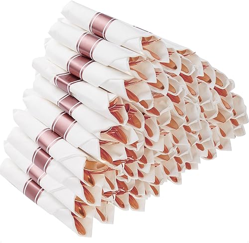 Goodluck Paquete de 50 cubiertos de plástico color oro rosa preenrollados, juego de cubiertos de plástico envuelto con servilleta incluye 50