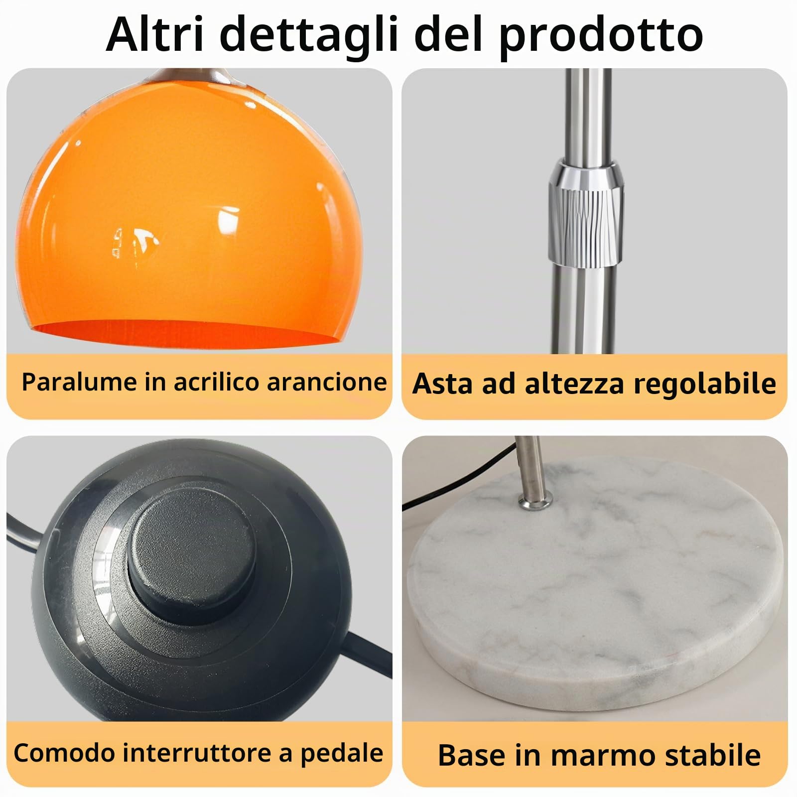 Lampada Da Terra Ad Arco Arancione Mid-Century, Base In Marmo | Altezza Regolabile, Globo Acrilico, Lampadina RGB E27 Dimmerabile, Comando App, Stelo Cromato Per Soggiorno, Camera E Ufficio
