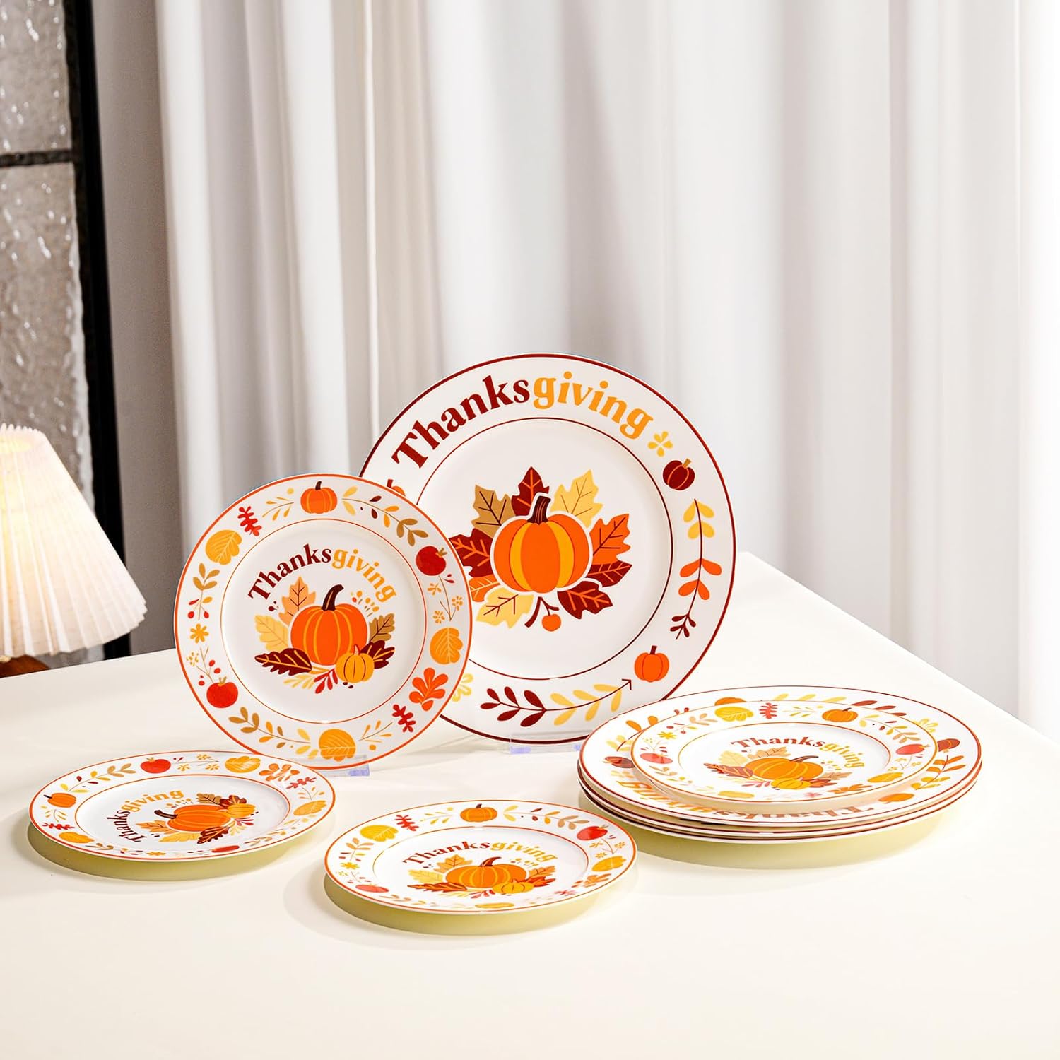 Fine Bone China Thanksgiving 10.75 inches Dinner Plates Set of 4, Pumpkin, Maple Leaf Design, Thanksgiving Table Decorations Thin and Light Weight, Designed Gift Box, Dishwasher and Microwave Safe