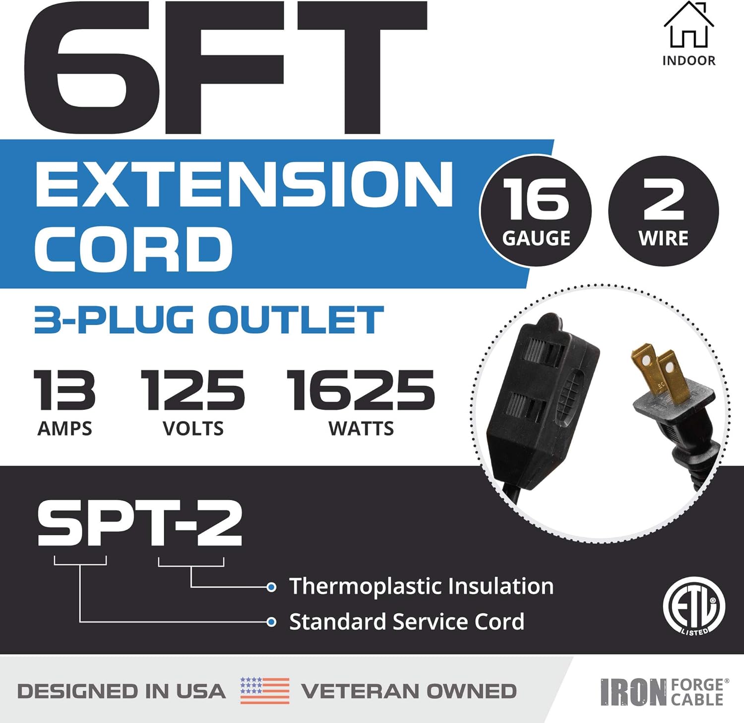 Iron Forge Cable 2 Pack 6 ft Black Extension Cord with 3 Outlets - 16/2 SJTW 2 Prong Indoor Extension Cord with Multiple Outlets