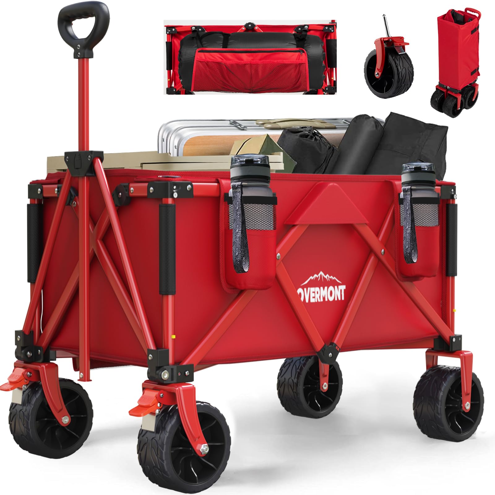 Overmont Collapsible Wagon Cart with Wheels - 180L Foldable Heavy Duty Wagon with Big All-Terrain Wheels - 330Lbs Weight Capacity with Side Pockets for Camping Sports Garden Grocery Shopping red