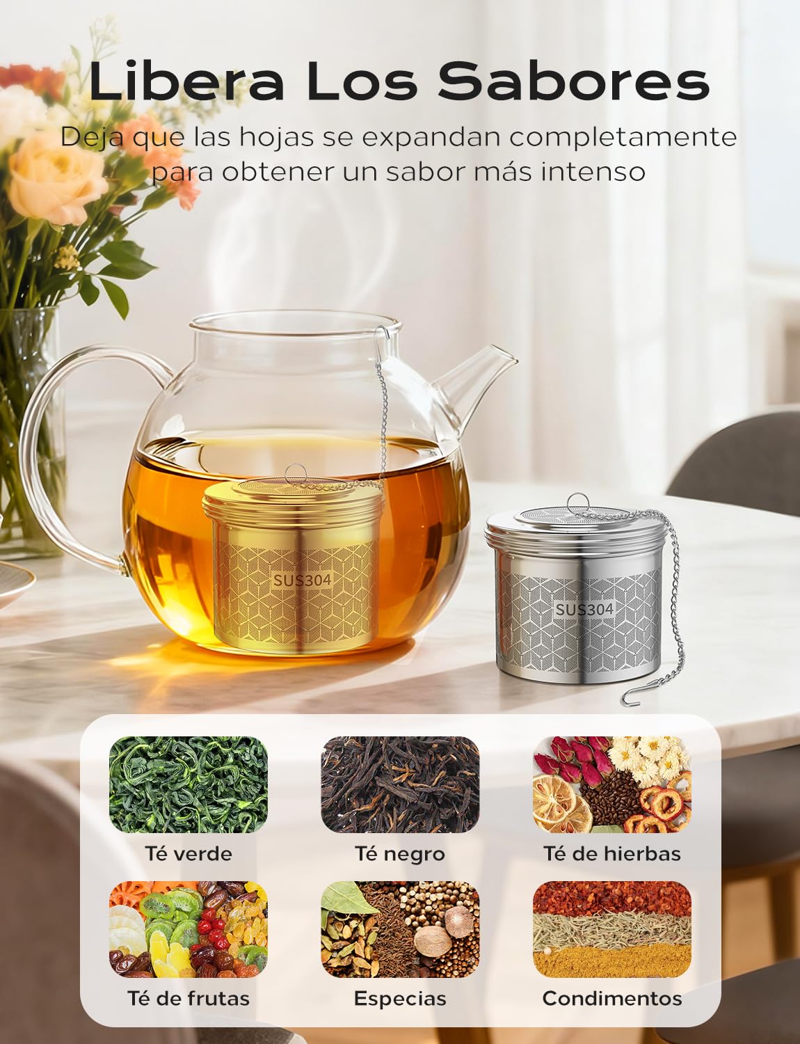 Yomanta Extra Grande Infusor De Te para Té Suelto y Especias, Infusionador Acero inoxidable 304, Con Cadena y Gancho, Colador De Especias con Malla Extrafina, Colador De Té Adecuado para Té