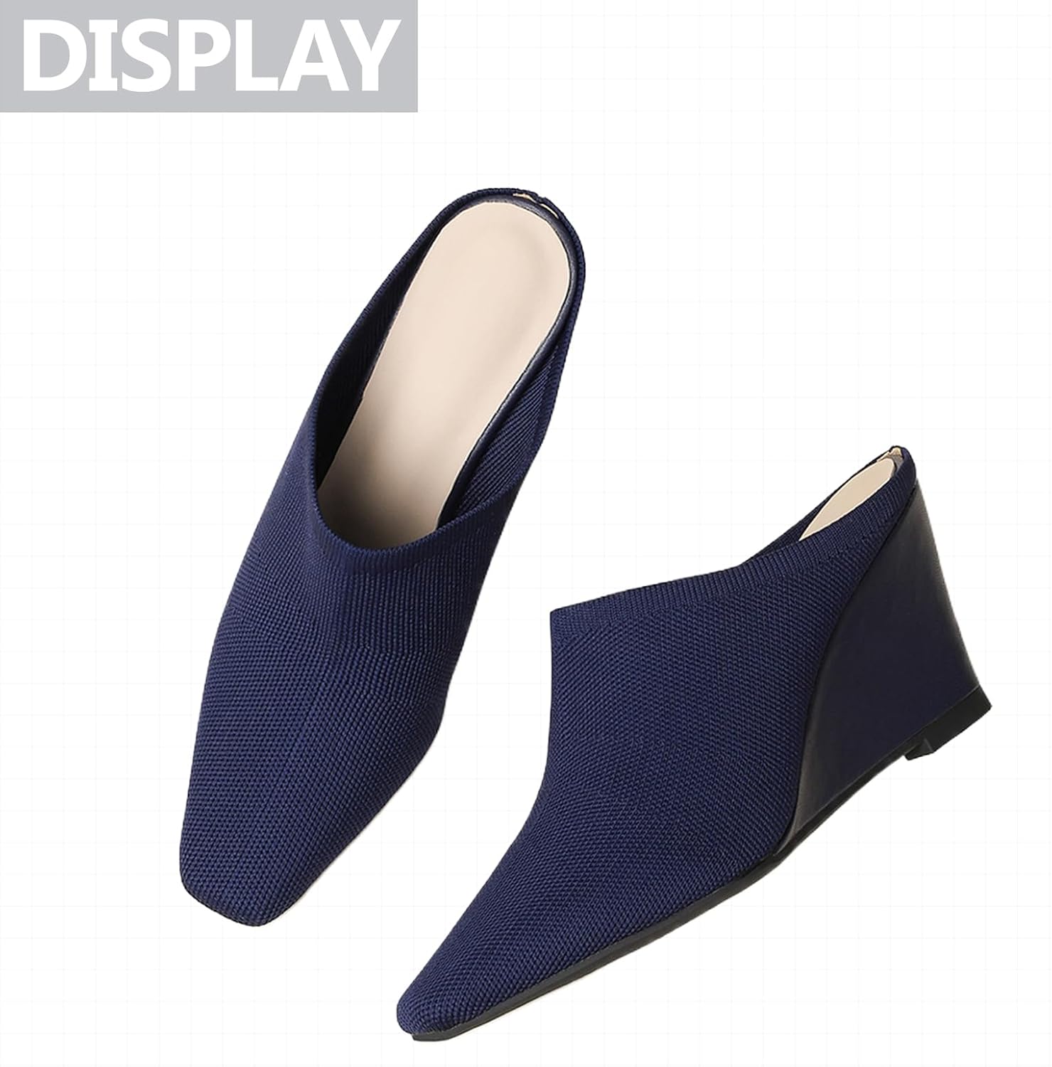 Women's Knit Wedge Mules with Arch Support Square Toe Breathable Memory Foam Slip-On Heeled Clogs Slides for Walking Work Comfortable Wedge Slingback Loafers for Summer Office