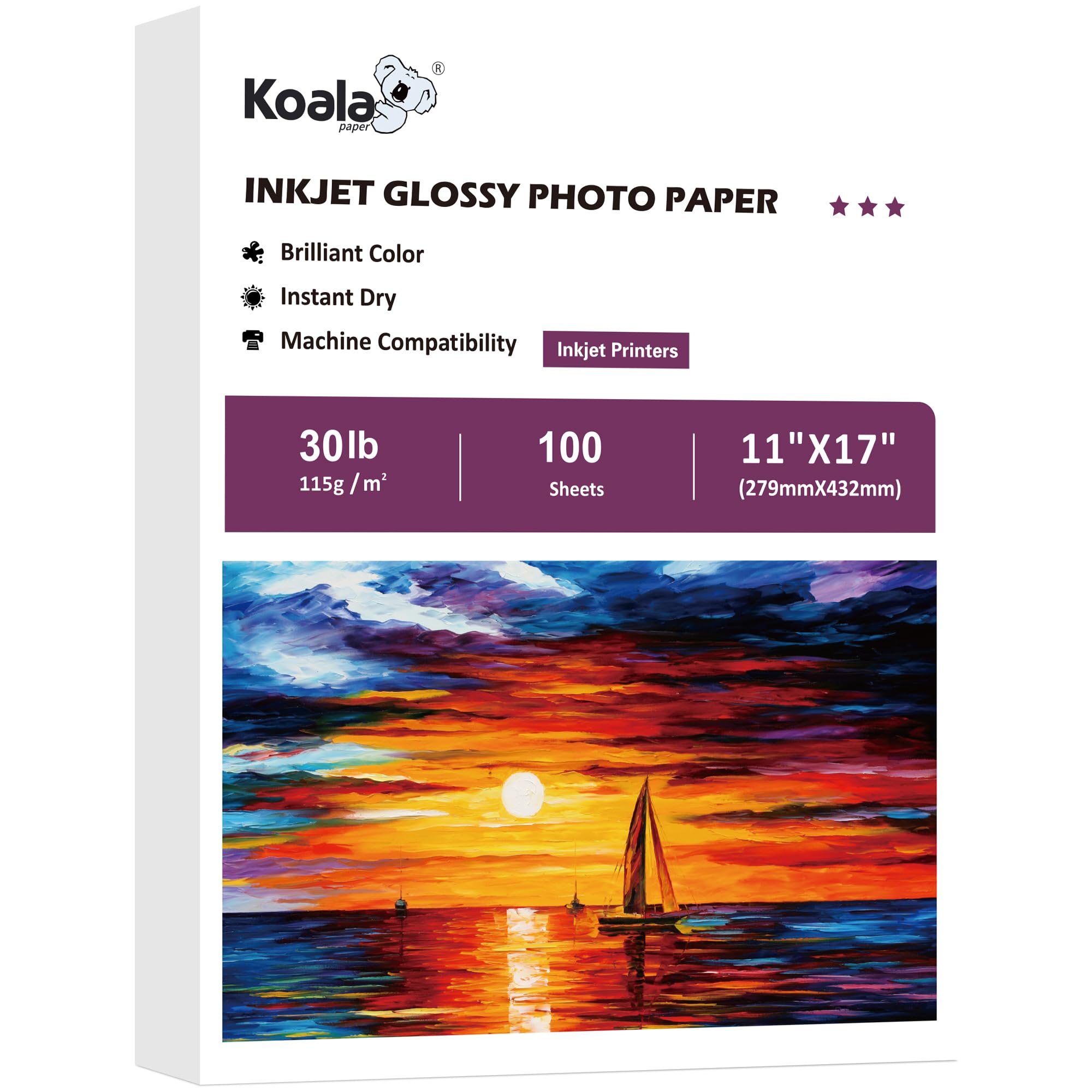 Koala Glänzendes dünnes Tintenstrahlpapier, 27,9 x 43,2 cm, 100 Blatt, 13,6 kg