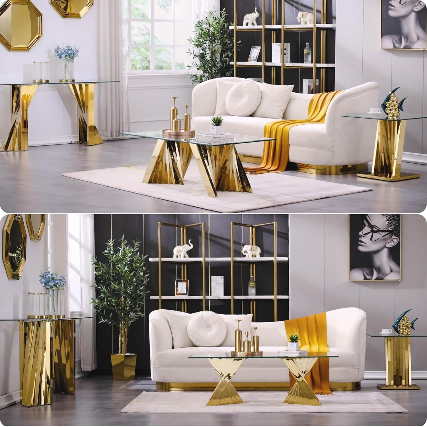 50" Gold Glass Coffee Table, Modern Rectangle Tempered Glass Living Room Center Table with Polished Stainless Steel Geometric Base