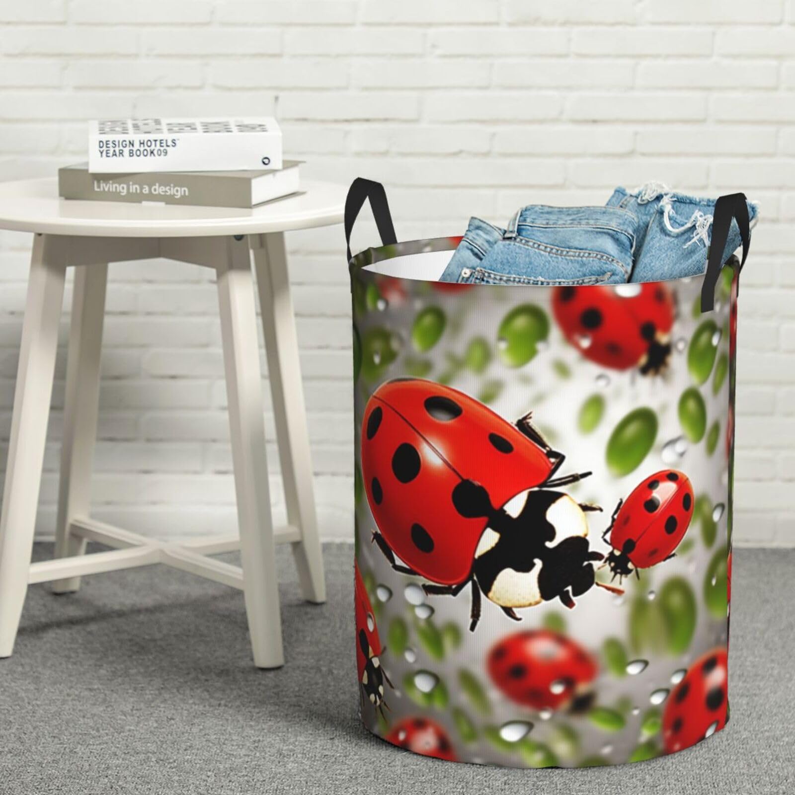 Fodpand Black Ladybug Laundry Basket With Handle, Freestanding Laundry Hamper, Collapsible Dirty Clothes Hamper, Waterproof Fabric Blanket Storage Basket Tall Toy Storage Bin Room Decor Medium
