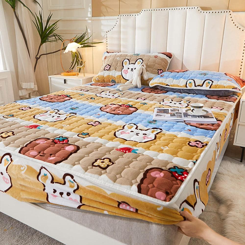 Hotel Quality Fitted Sheet,Children's Thick Warm Coral Fleece Quilted Mattress Top Hat, Kids Bedroom Cartoon Anime Print Fitted Bed Sheet Pillowcase Rabbit 180cmx200cm (3pcs)
