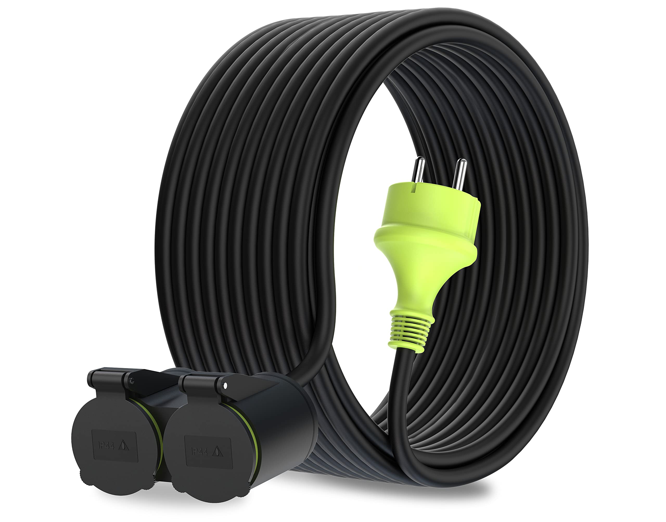 MutecPower 20 m przedłużacz z 2 gniazdami schuko do użytku na zewnątrz, IP44, H05RR-F3G, 1,5 mm², podwójne przedłużenie z 2 gniazdami ze stykiem ochronnym, 2-krotny rozdzielacz zewnętrzny 20 m, czarny