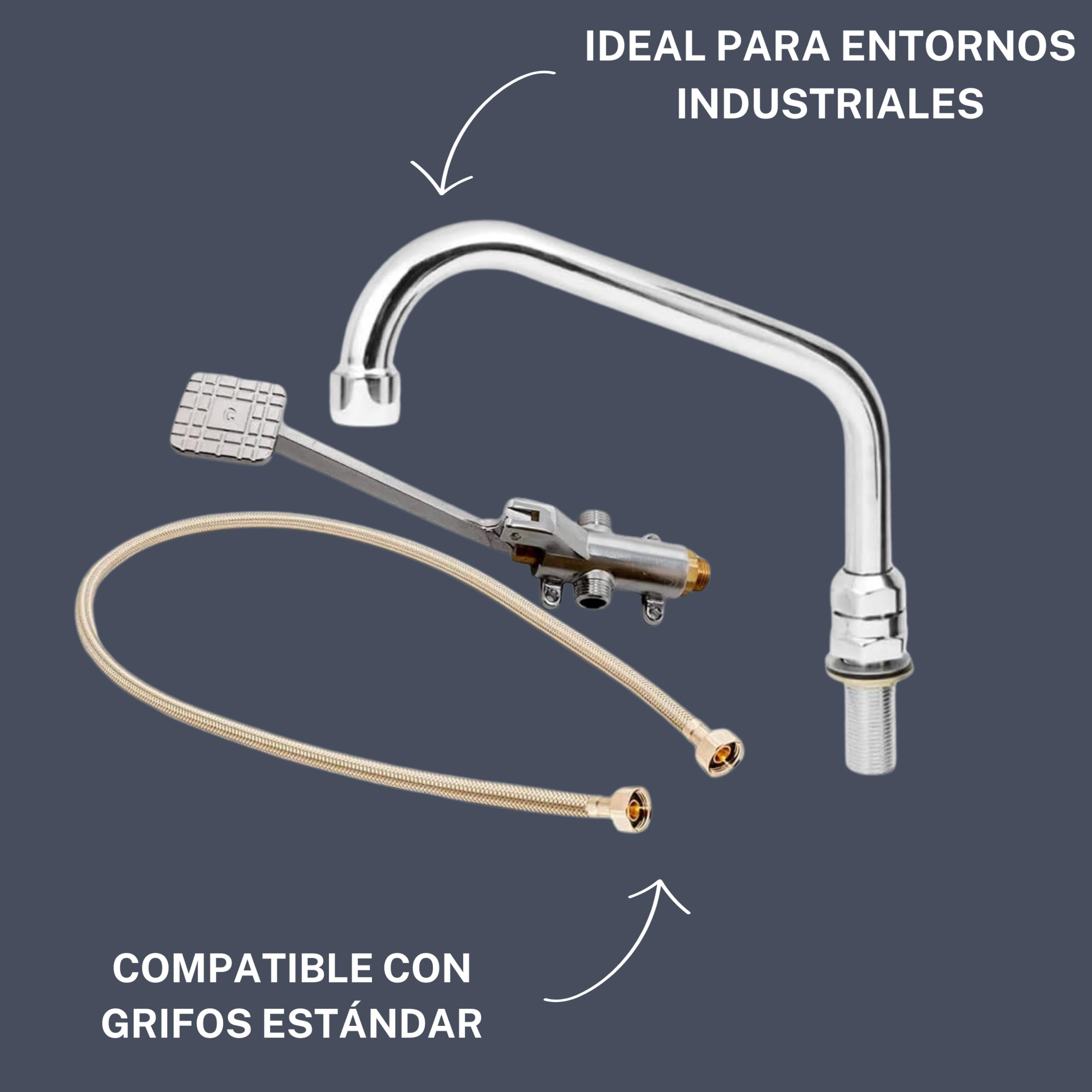 Set de Grifo Pedal Mezclador de Pie Pulsador para Fregaderos Industriales de Hostelería, Caño Tubo Medio Vertical Giratorio - Grifo Agua Fría, Grifo De Pedal, Latiguillo Grifo Cocina