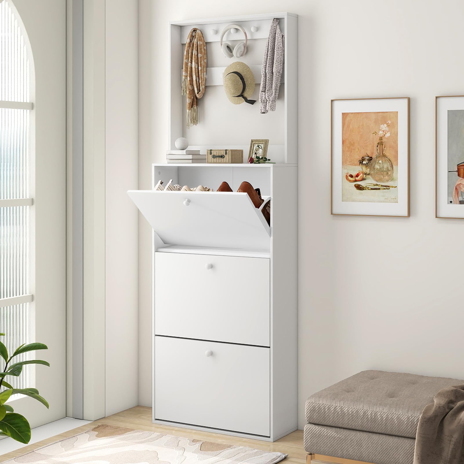 YMBSBUY Shoe Storage Cabinet with 3 Flip Drawers, Narrow Shoe Cabinet with 9 Hooks Coat Rack, Freestanding Slim Shoe Storage Organizer for Entryway,