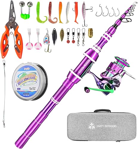 Juego de caña de pescar telescópica, con carrete, línea de 328.1 ft, cebo, alicates y estuche de transporte, adecuado para viajar y pescar tanto en