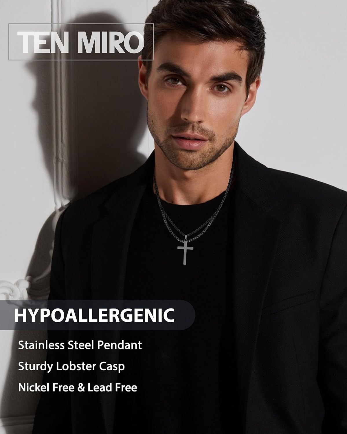 TEN MIRO Silver/Black Cross Necklace for Men Boy Stainless Steel Cross Pendant Necklace for Men Christian Religious Jewelry with Box & Card Birthday Anniversary Christmas Father's Day Gifts for Him - Image 2