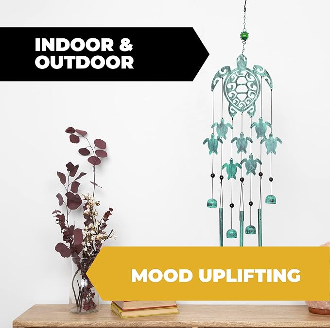 Add a touch of natural and minimalist charm to your decor with the Rustic Sea Green Tribal Turtles wind chime. Its versatile design complements a variety of decor styles, making it a perfect addition to any room, backyard, or garden. Give the gift of relaxation to a loved one with these beautiful wind chimes, measuring approximately 31 inches in height.