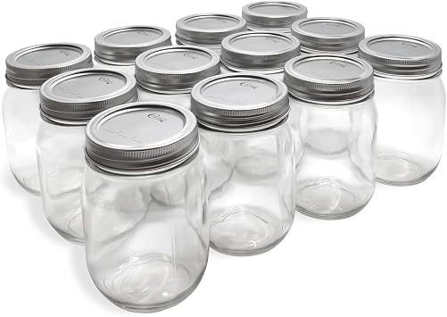12 Pack Regular Mouth Mason Jars 16 Oz Jar with Airtight Lids Glass Jars with Silver Metal Lid and Band Glass Jars for Jam Honey Sauces Wedding Favors Meal Prep Canning Pickling Food Storage
