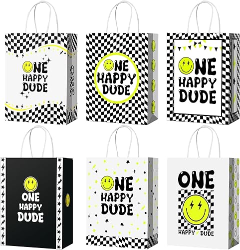 Yeaqee 24 bolsas de recuerdo de fiesta de Happy Dude con asa, decoración de fiesta de primer cumpleaños, bolsa de regalo de cara sonriente de papel,