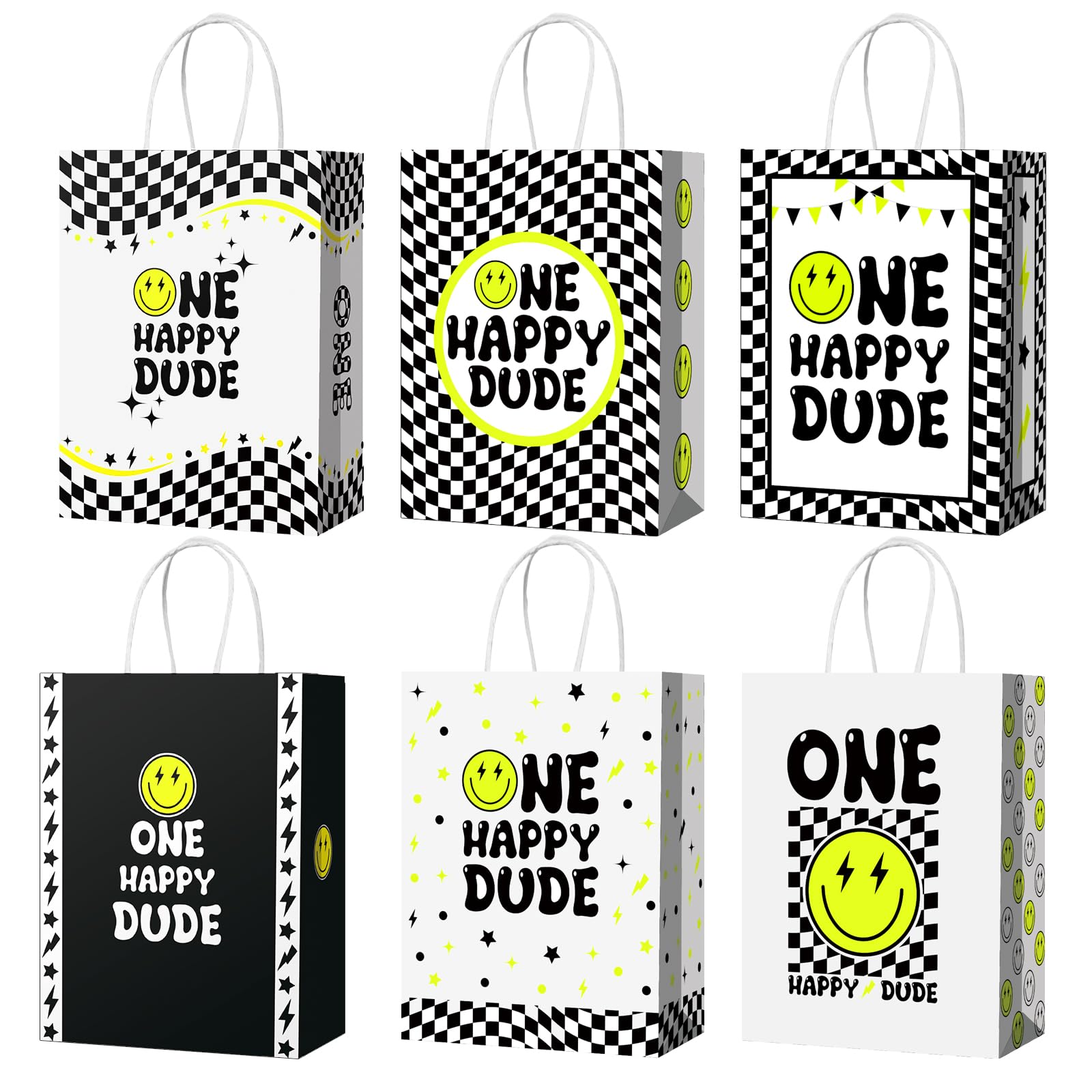 Yeaqee 24 Pcs One Happy Dude Birthday Decorations Gift Bags One Happy Dude Party Favors Paper Smile Face Gift Bags with Handle Checkered Goodie Treat Bag for Birthday Party Supplies(Handles Style)