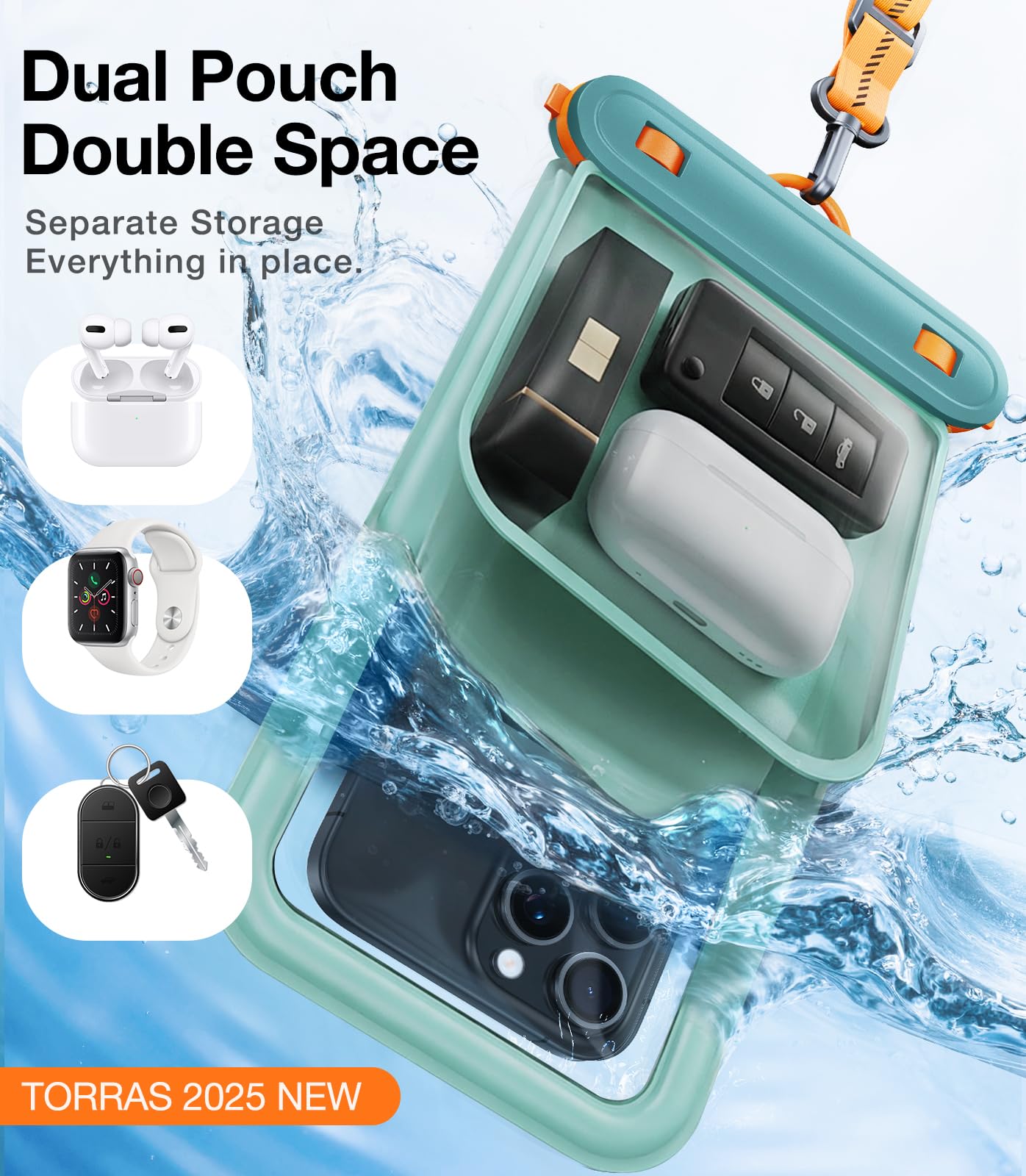 TORRAS Funda impermeable IP68 para teléfono con doble espacio, funda flotante impermeable con cordón para iPhone 17 Pro Max 16 15 S26 S25, bolsa seca para teléfono, vacaciones, crucero, viajes