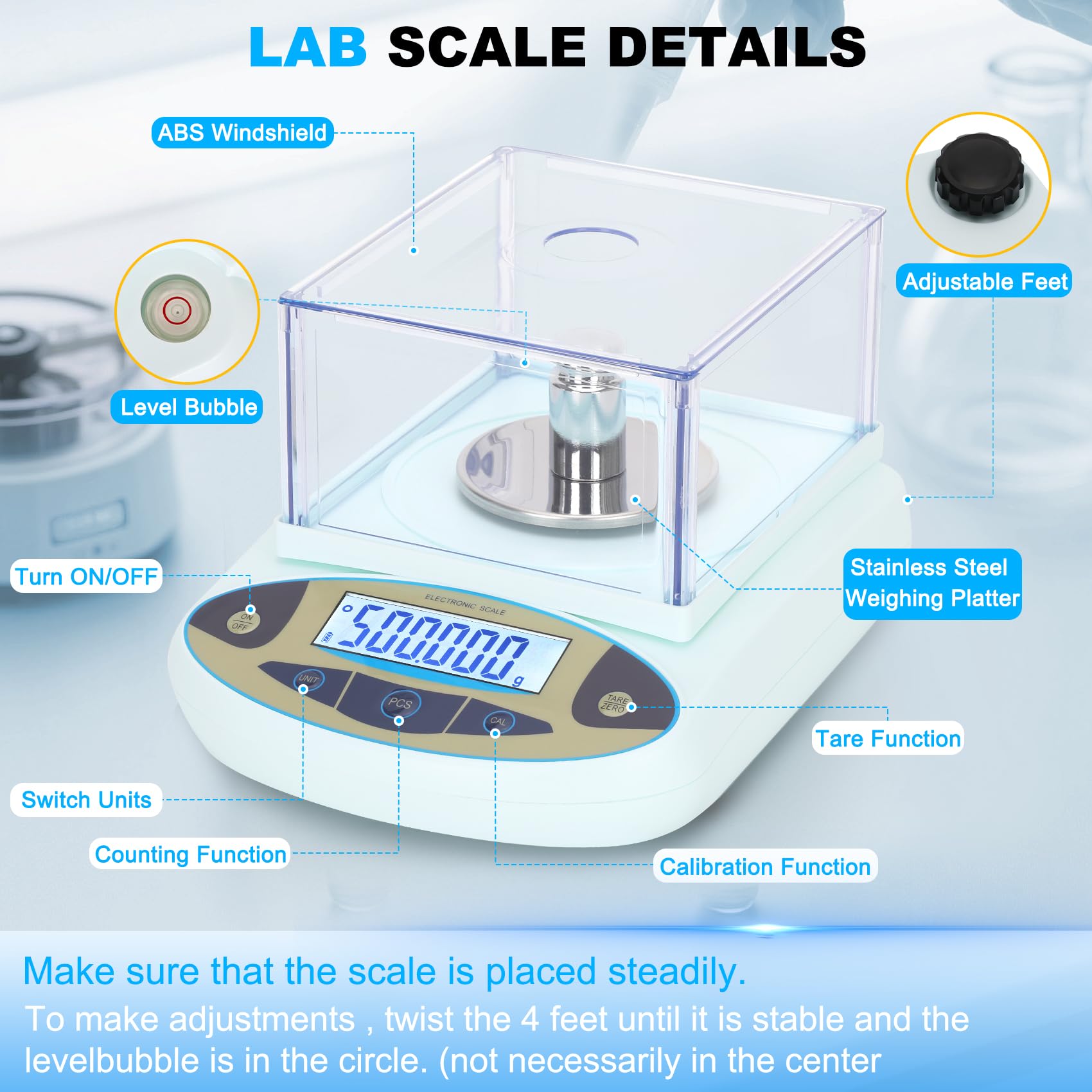 Báscula de laboratorio de 500 g x 0,001 g, balanza analítica precisa de alta precisión con parabrisas, báscula científica electrónica de laboratorio de precisión digital (con peso de calibración de