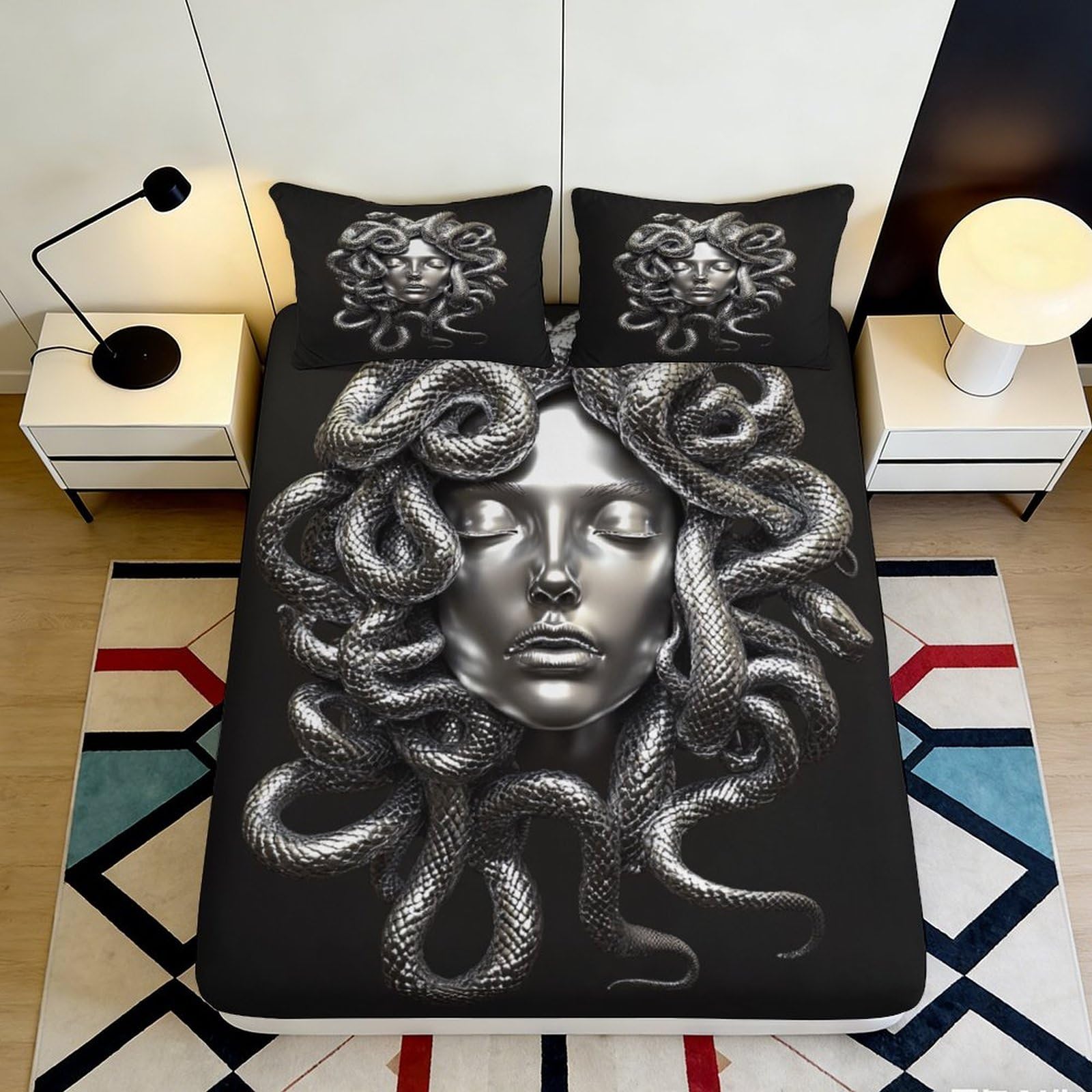 3D Printed Medusa Snake Head Fitted Sheet Microfiber Black Silver Snake Pattern Mattress Cover Bedroom Decor 90x200x25cm