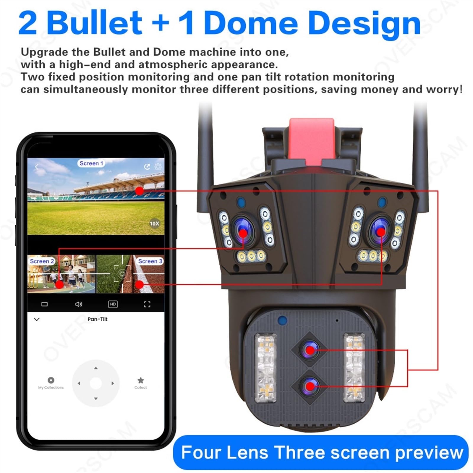 Caméra de sécurité, 8K 16MP Quatre objectifs PTZ caméra 10X Zoom AI Suivi Automatique Audio extérieur 8MP sécurité CCTV Surveillance IP(8K Add 128G Card)