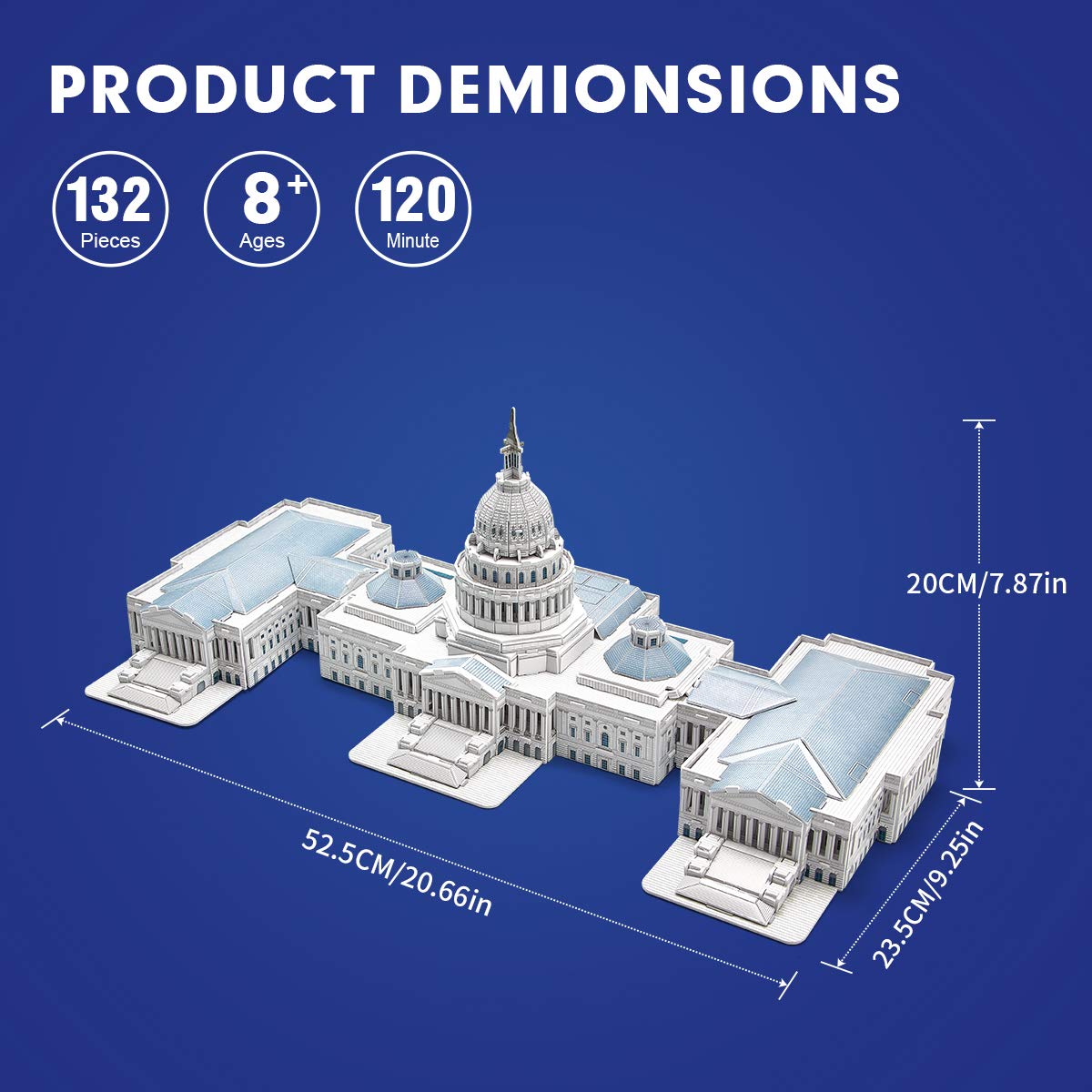 Diagram showing the dimensions of the assembled Capitol Hill 3D puzzle, along with piece count, age recommendation, and assembly time