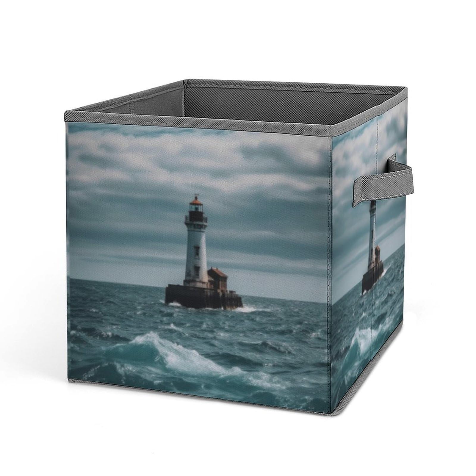 JTREHY Lighthouse Printed Foldable Storage Box, 10.6 Inches Fabric Storage Box for Wardrobe, Bedroom, Utility Room