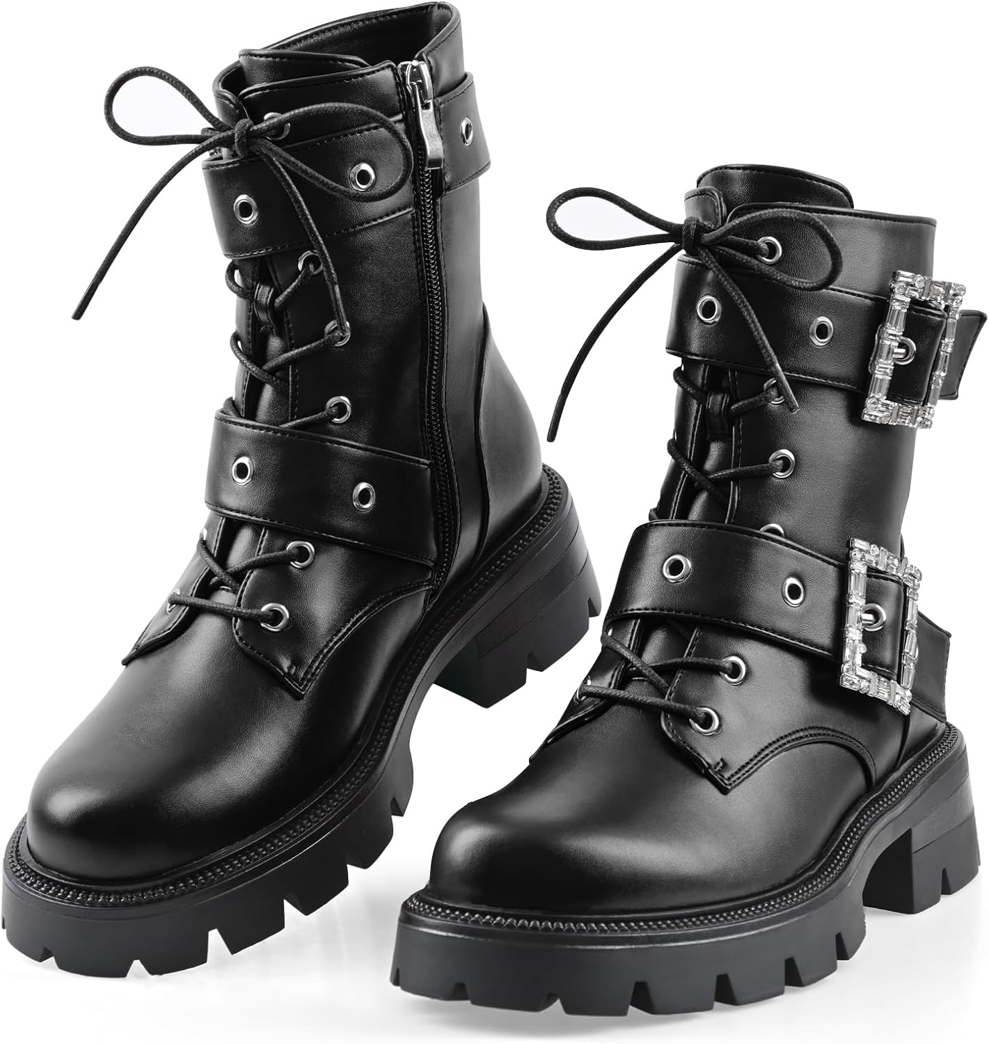 Women's Leather Platform Lug Sole Low Chunky Heel Combat Boots Lace Up Buckles Zipper Fashion Ankle Booties - Image 5