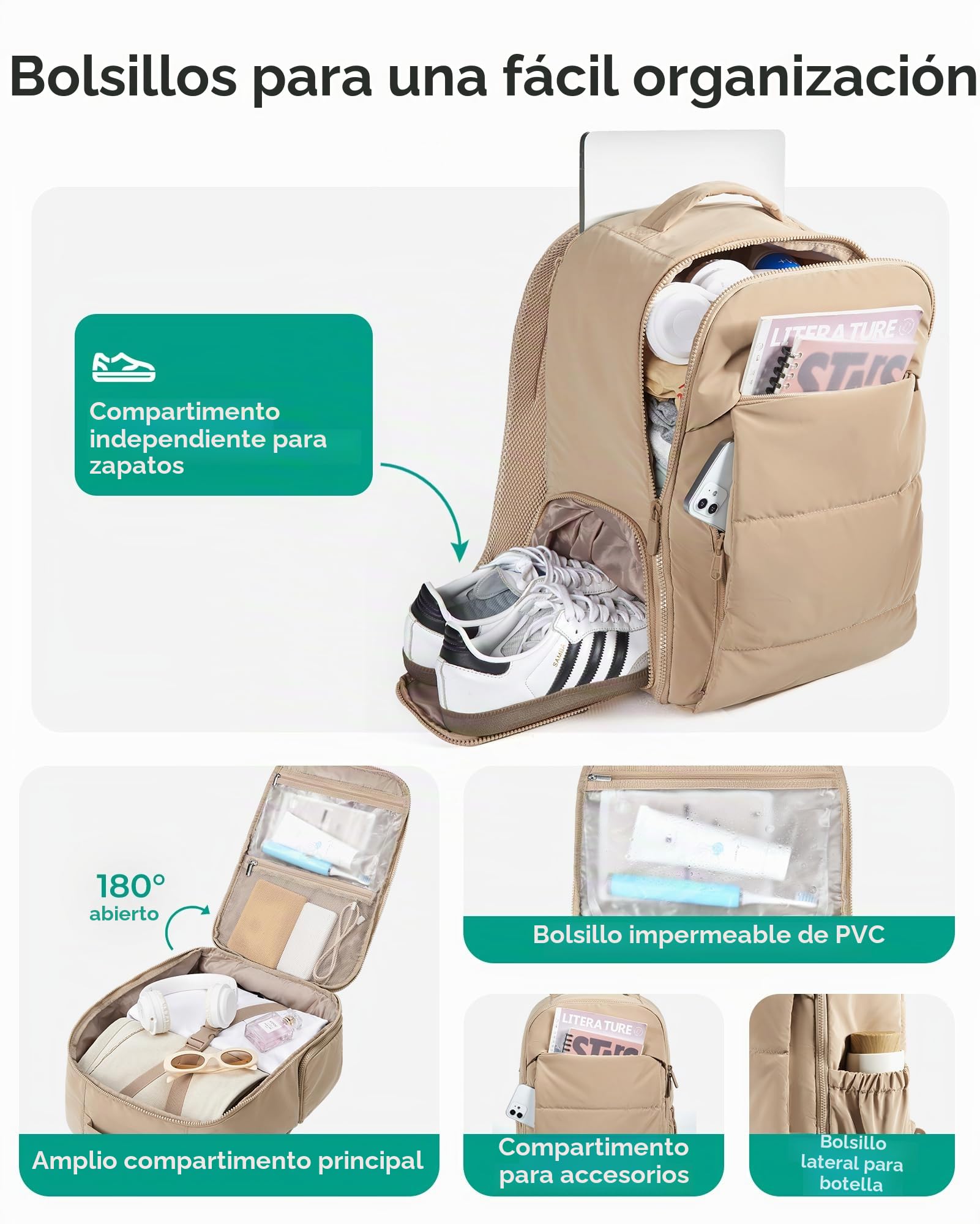 BAGSMART Mochila de Viaje para Mujer, 30 L, Mochila de Equipaje de Mano para Aviones, Mochila de Gimnasio con Compartimento para Zapatos, Bolsa de Viaje Ligera para 15,6 Pulgadas, Resistente, Gris