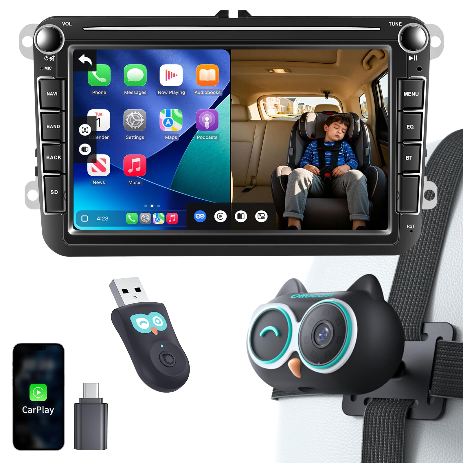 OTTOCAST 2-in-1 Baby Auto Kamera & Wireless CarPlay Adapter, 1080P HD, Echtzeit-Anzeige auf Originalen CarPlay Bildschirm, USB Plug & Play, Nachtsicht & 150° Weitwinkel, für Eltern & Haustierbesitzer