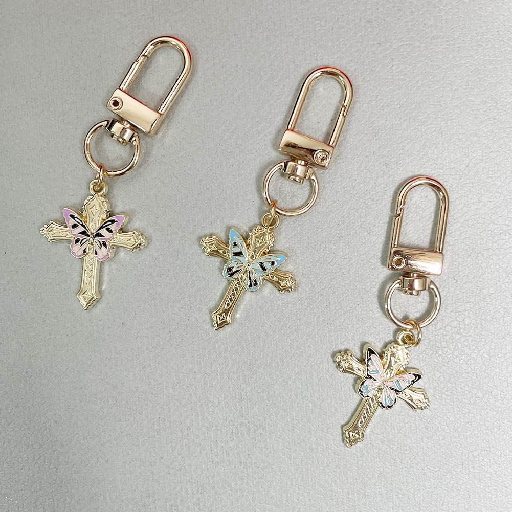 Small Butterfly Keychain Set Pack of 3 Tiny Blue Pink Purple Colors Cute Key Chain for Women Backpack Purse Wallet Handbag Personalized Keyring (CROSS-3PCSFLOWER) - Image 7
