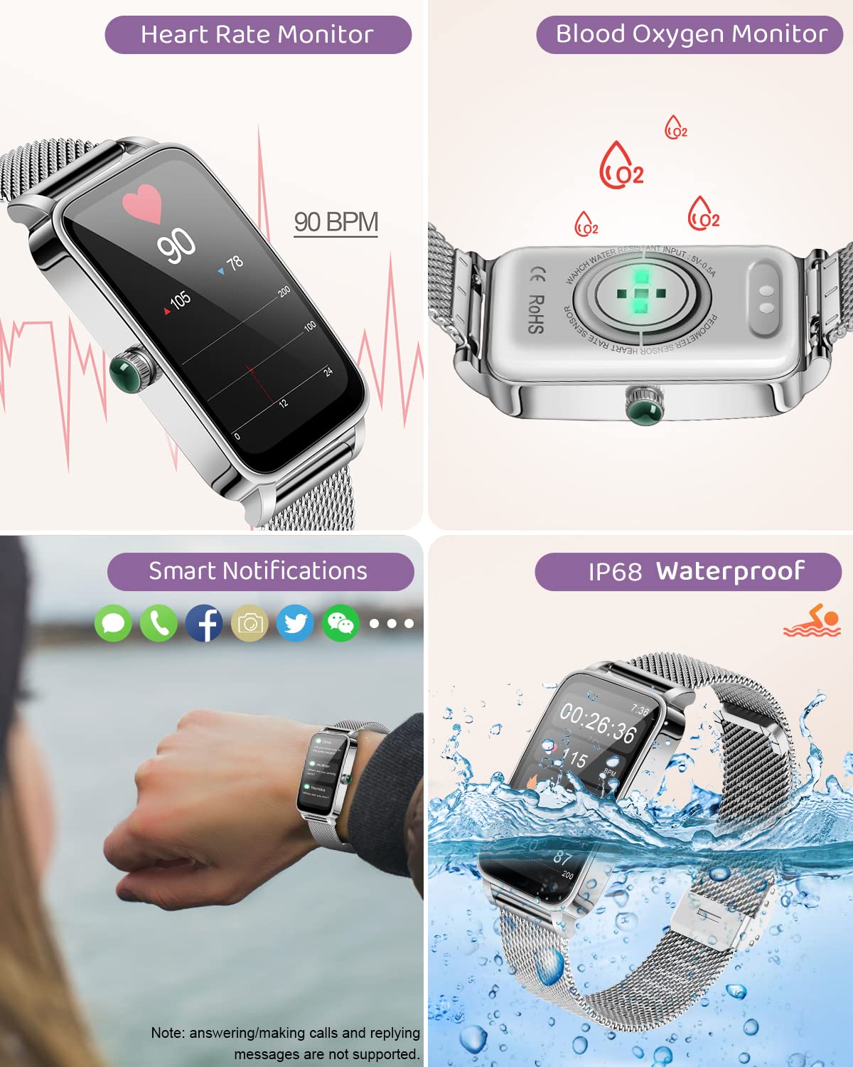 smartwatch, smartwatch BOCLOUD dla kobiet i mężczyzn, iPhone, Android, z monitorowaniem poziomu tlenu we krwi, tętna, snu, wodoodporność IP68, fitness tracker z 12 trybami treningowymi, srebrny