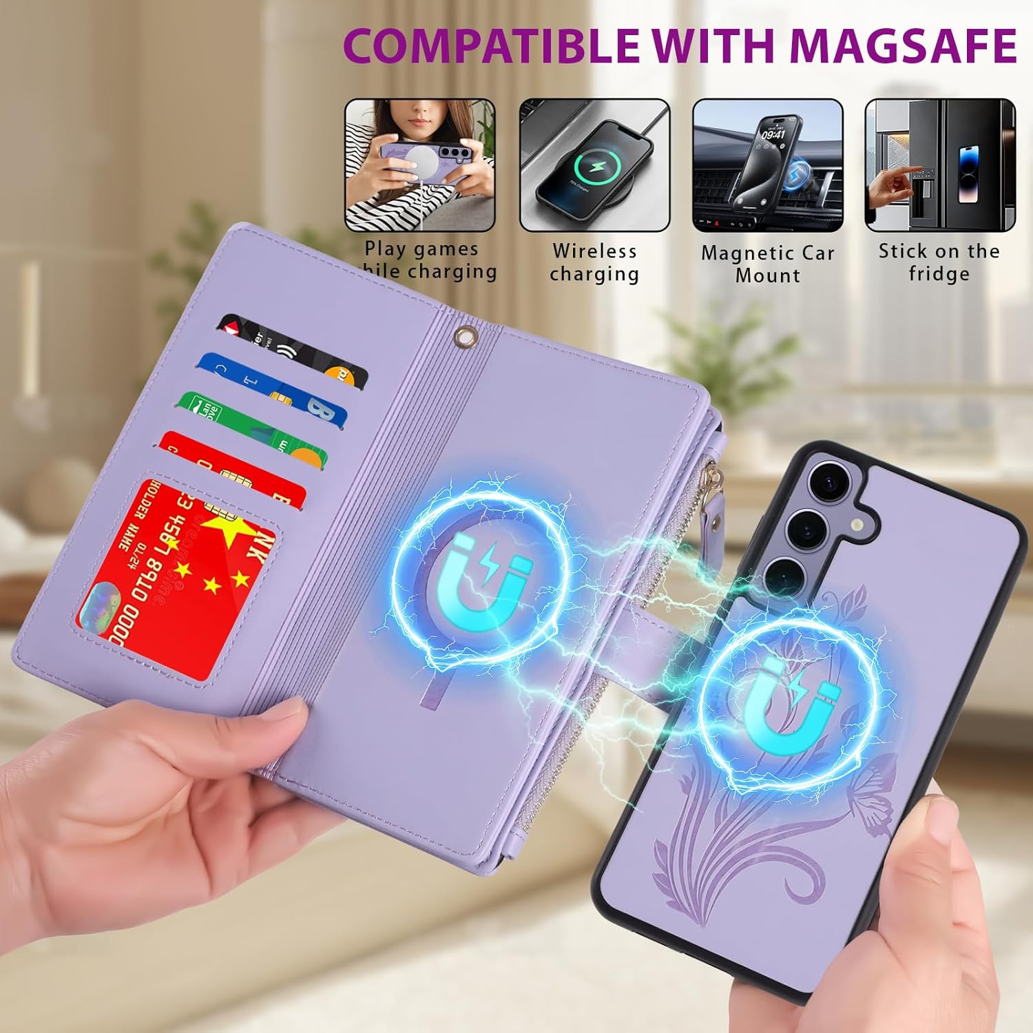 Lacass for Samsung Galaxy S25 FE Case Wallet,Compatible with MagSafe 2 in 1 Magnetic Detachable PU Leather RFID Blocking Wallet Cover Card Holder Zipper Wrist Strap Lanyard,Floral Light Purple