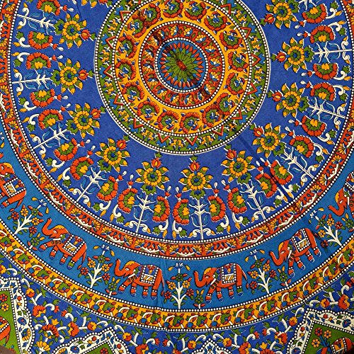 Indian Mandala Print Round Cotton Tablecloth 76" Blue #TOP3
