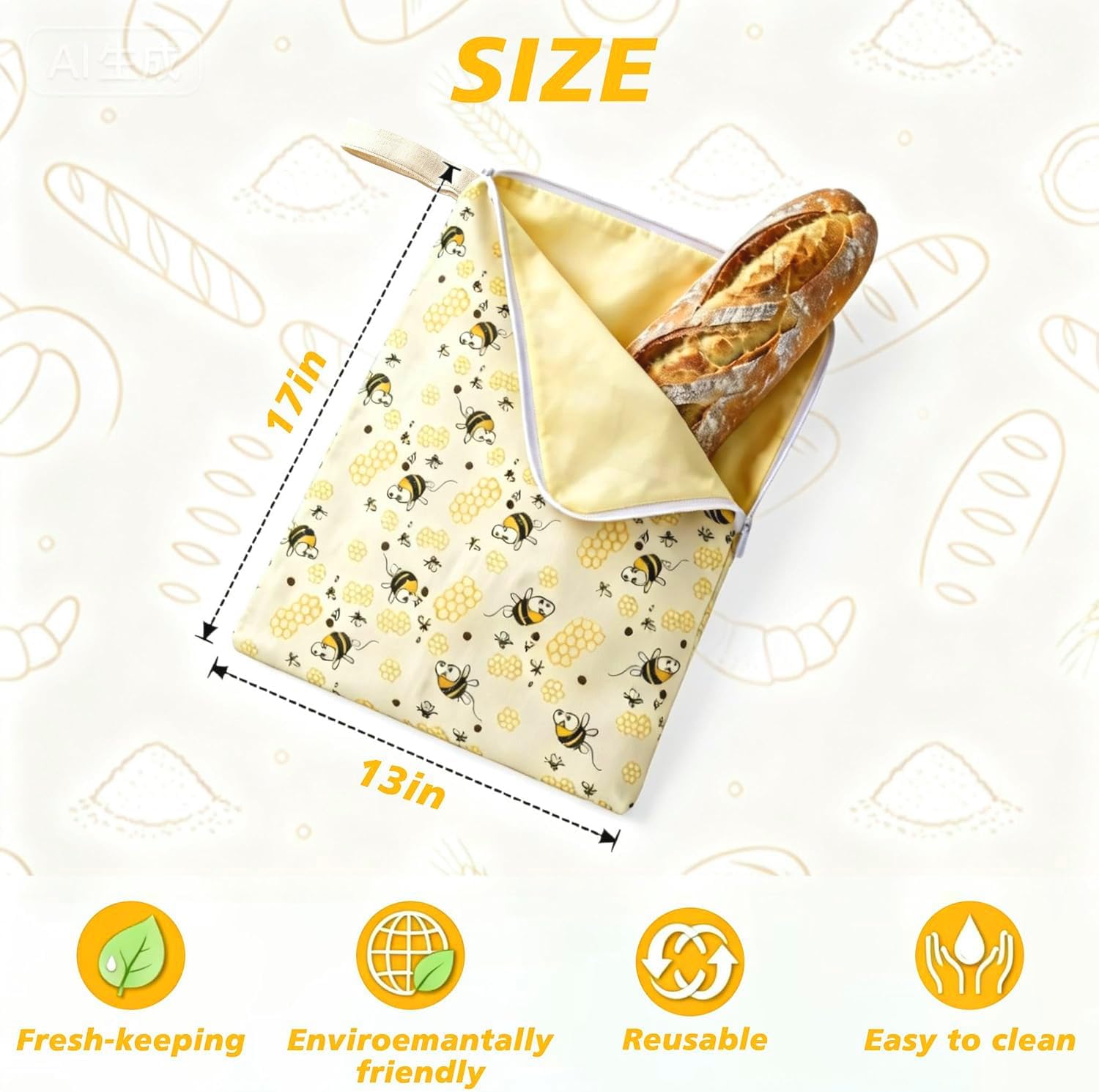 2-Pack XL Zipper Reusable Beeswax Bread Bag, 17" x 12", Yellow | For Sourdough & Homemade Bread, Double-Layer, Organic Cotton, Keeps Fresh Longer