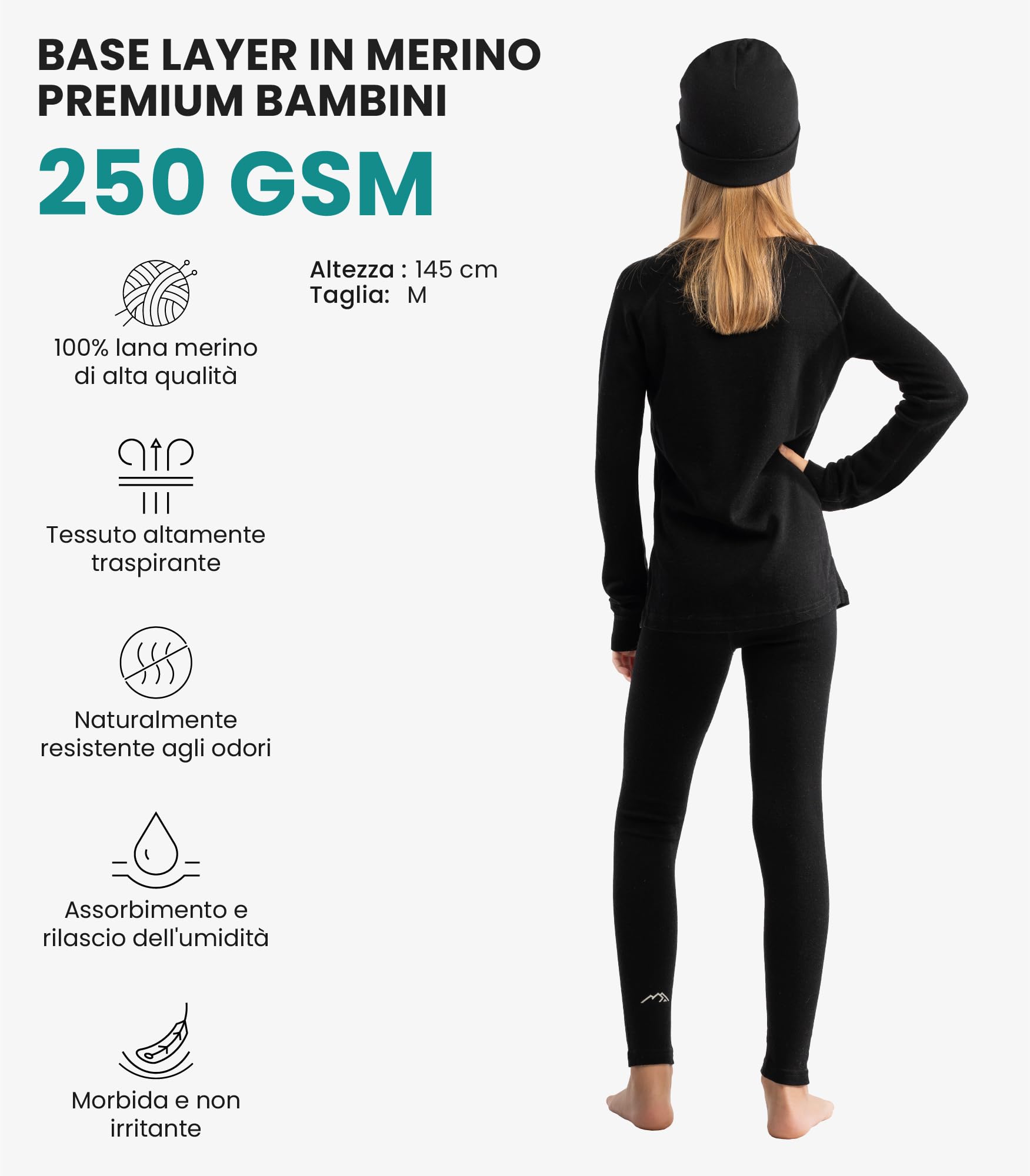 Merino.tech Intimo Termico Lana Merino Bambino - Medio Completo Maglia Termica Lana Merino e Pantaloni Bambina e Ragazzo
